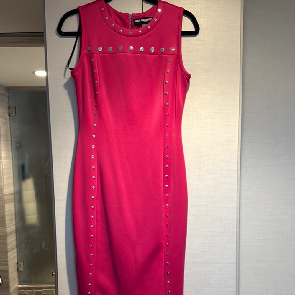 Karl Lagerfeld Pink Sheath Midi Dress Sleeveless Crew Neck